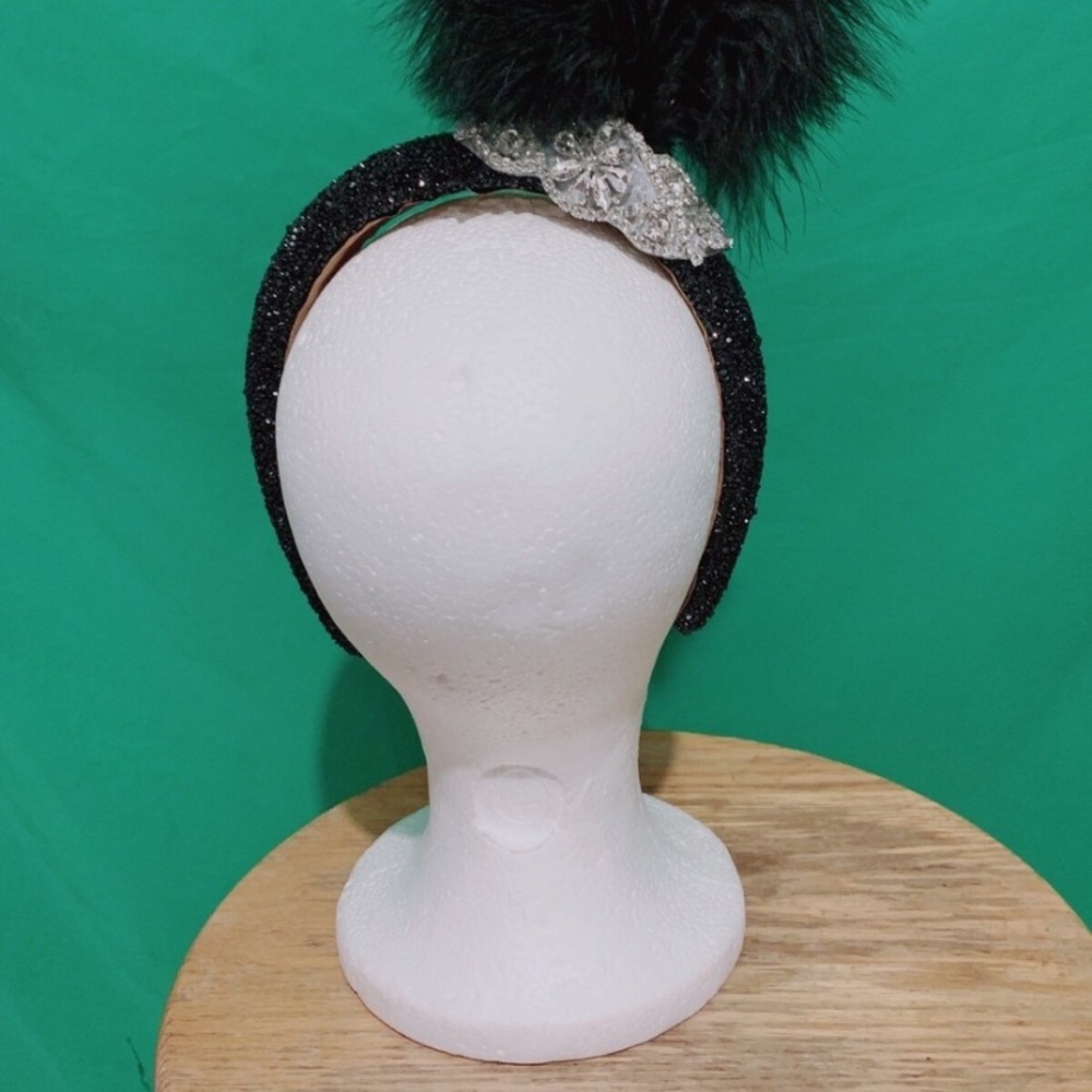 black showgirl rhinestone marabou fascinator headband kentucky derby retro